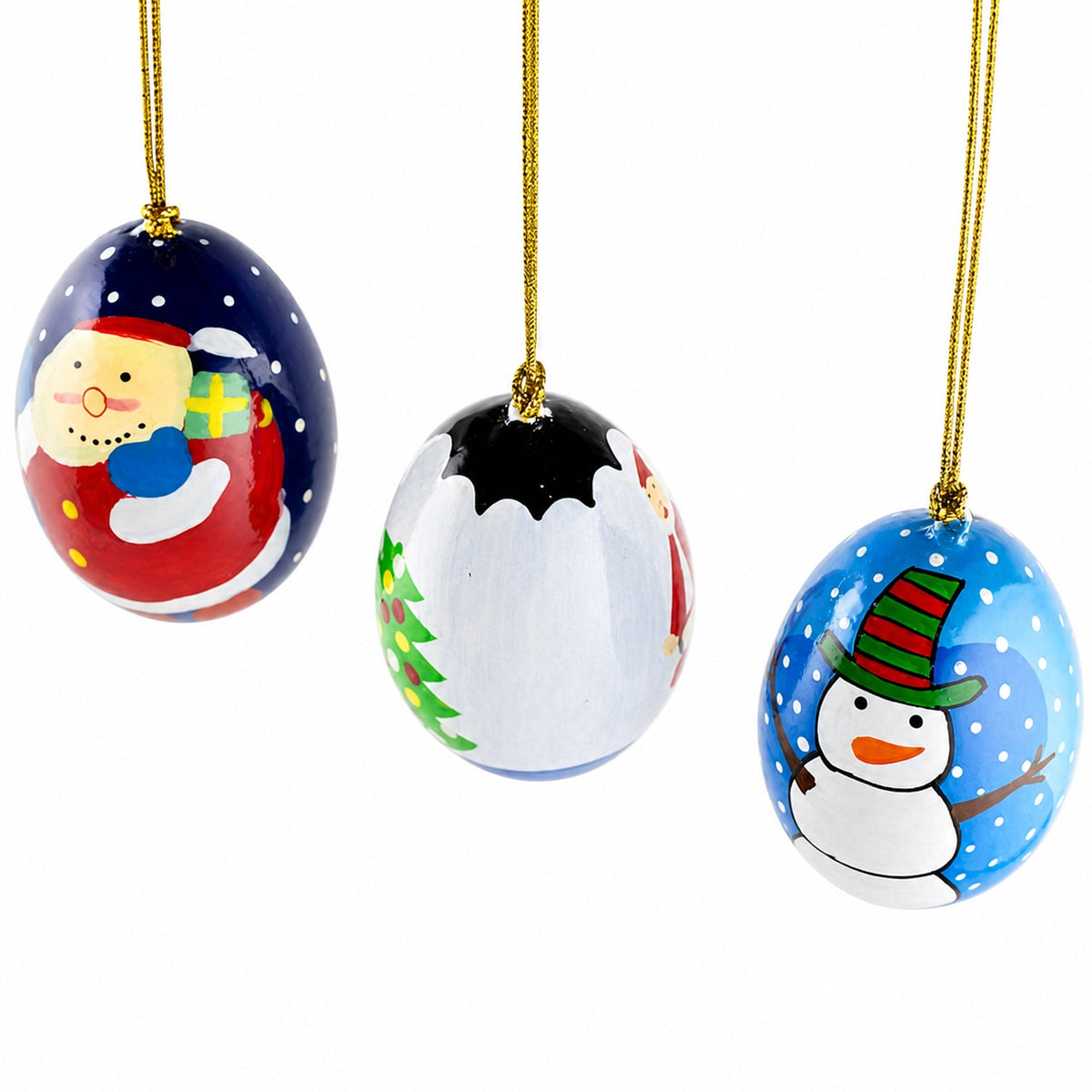 3 Wooden Egg Christmas Ornaments Santa, Christmas Tree and Snowman