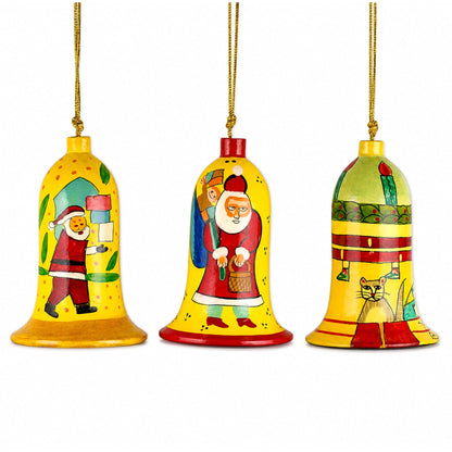 Set of 3 Vintage-Style Santa Holiday Bell Wooden Christmas Ornaments
