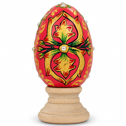 Jeweled Embossed Oriental Red Flower Wooden Easter Egg 3 Inches