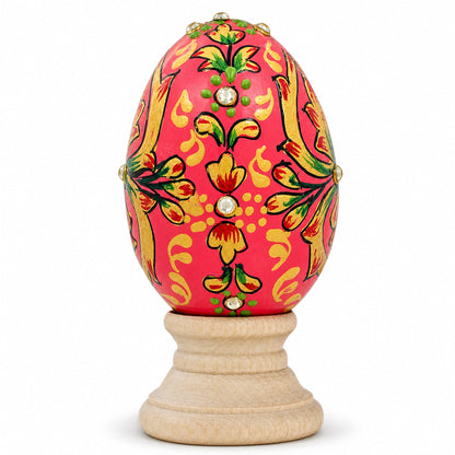 Jeweled Embossed Oriental Red Flower Wooden Easter Egg 3 Inches