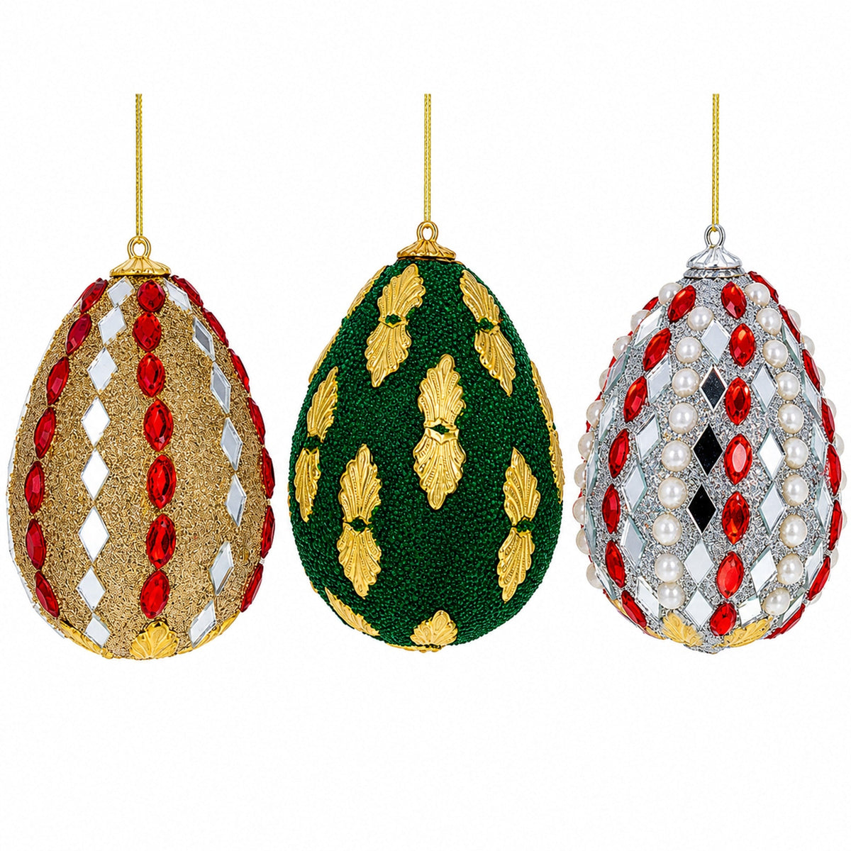 Set of 3 Mirrored and Golden Metal Leaf Wooden Egg Ornaments 3 Inches