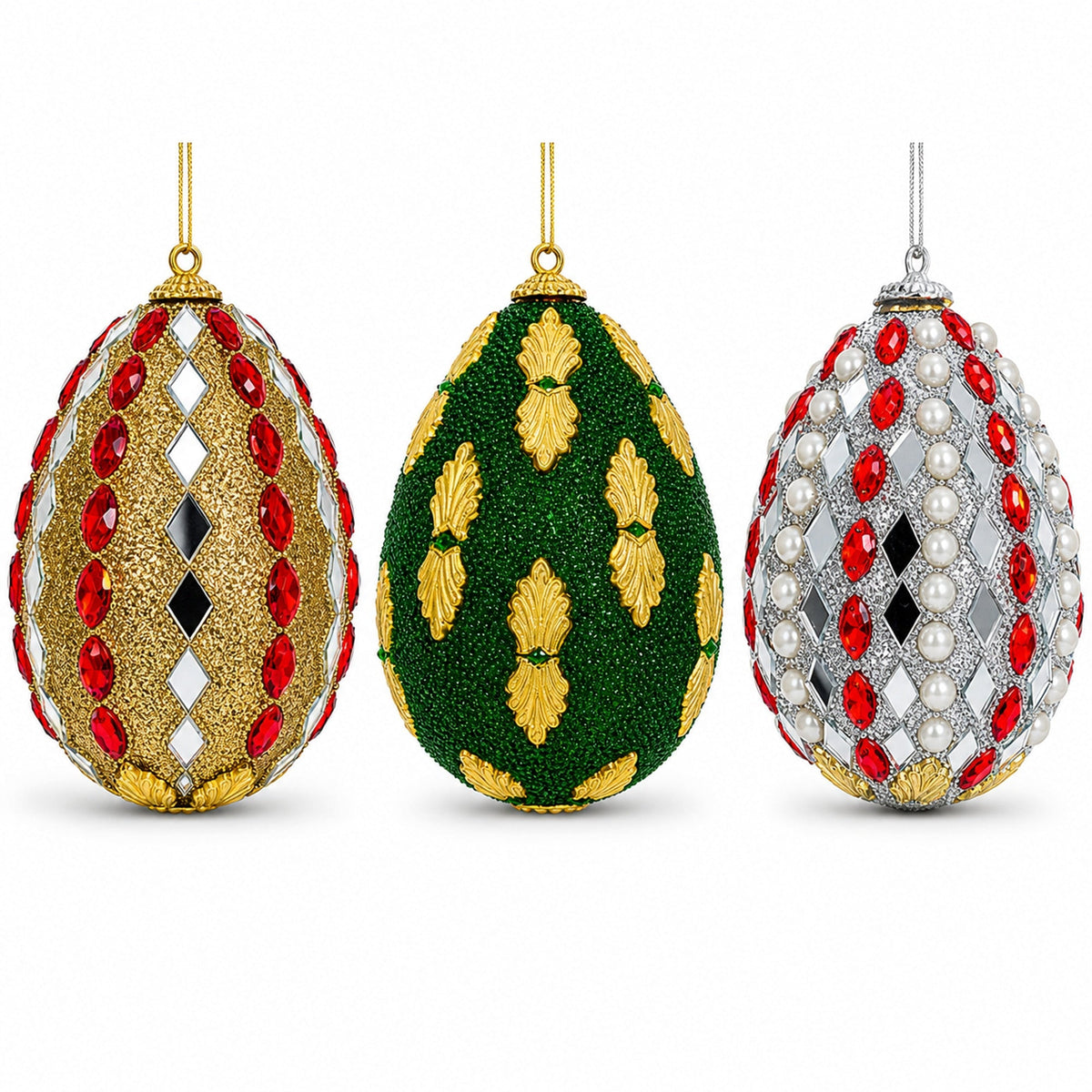 Set of 3 Mirrored and Golden Metal Leaf Wooden Egg Ornaments 3 Inches