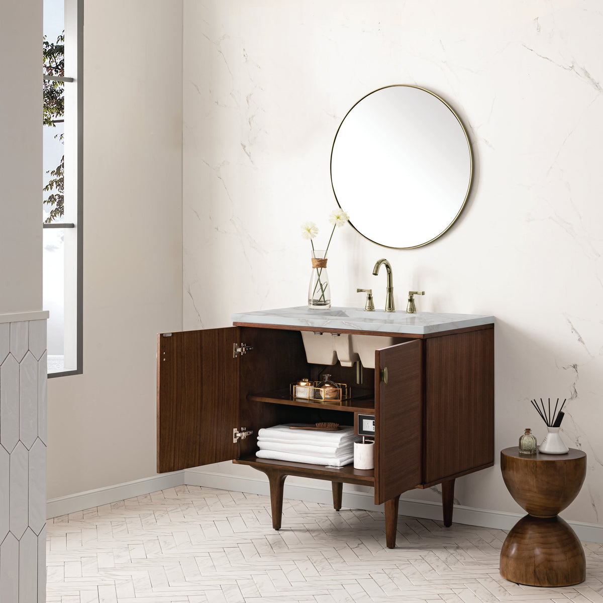 James Martin Amberly 36" Dual Mount Single Bathroom Vanity, Mid-Century Walnut