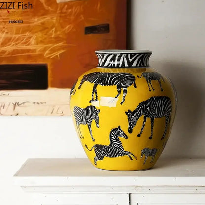 Zebra yellow vase with artificial flowers for desk decoration