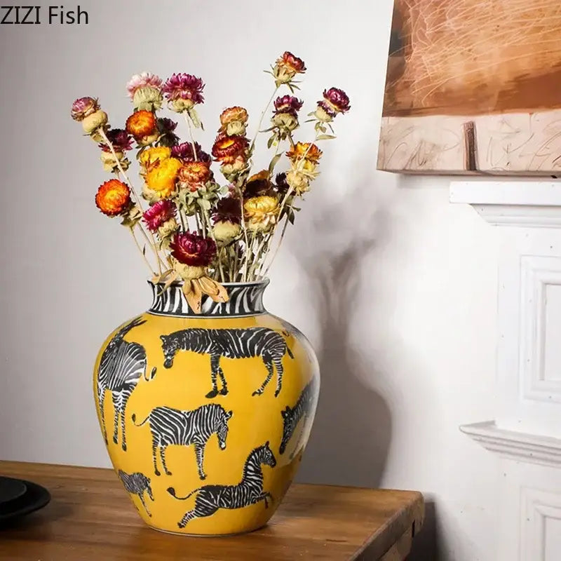 Zebra yellow vase with artificial flowers for desk decoration