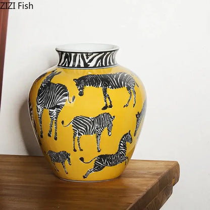 Zebra yellow vase with artificial flowers for desk decoration