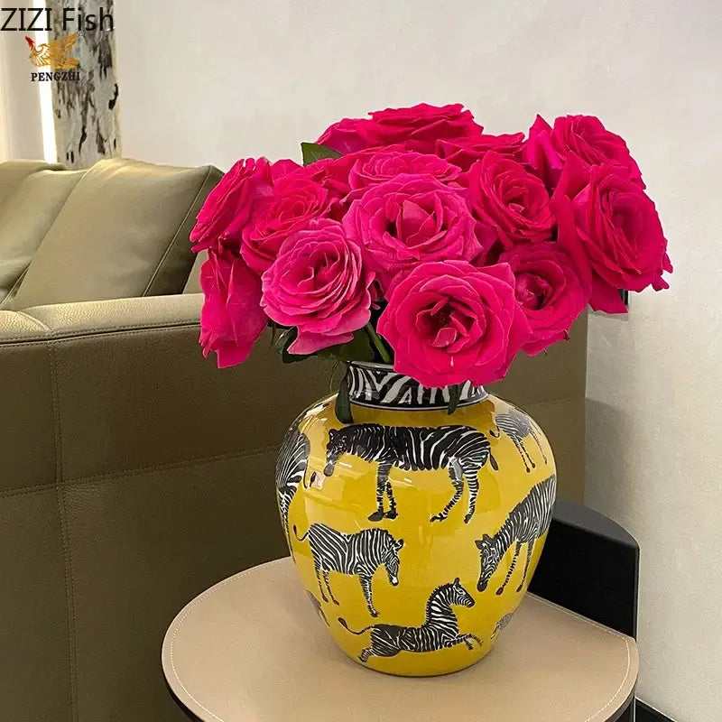 Zebra yellow vase with artificial flowers for desk decoration