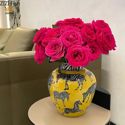 Zebra yellow vase with artificial flowers for desk decoration