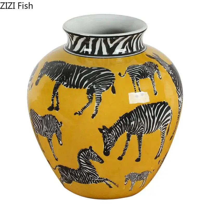 Zebra yellow vase with artificial flowers for desk decoration