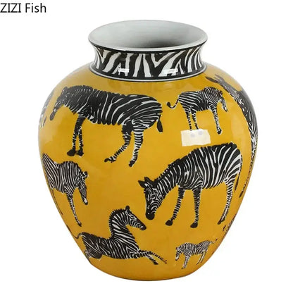 Zebra yellow vase with artificial flowers for desk decoration