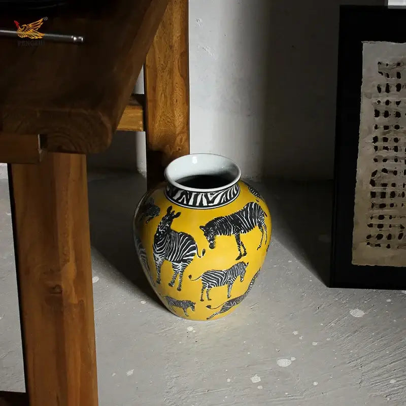 Zebra yellow vase with artificial flowers for desk decoration