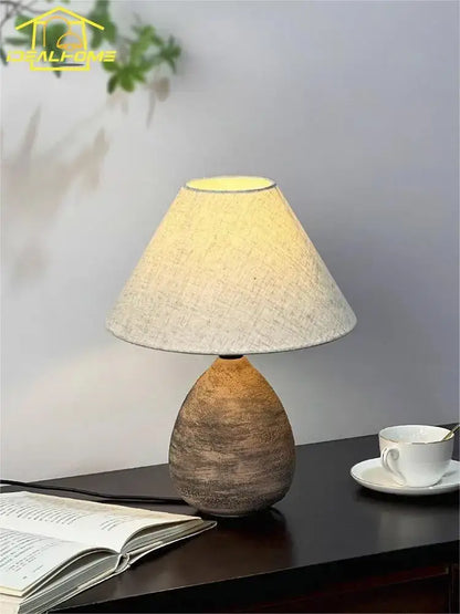 Zen earthy textured ceramic jar led table lamp for living room