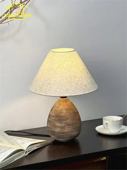 Zen earthy textured ceramic jar led table lamp for living room