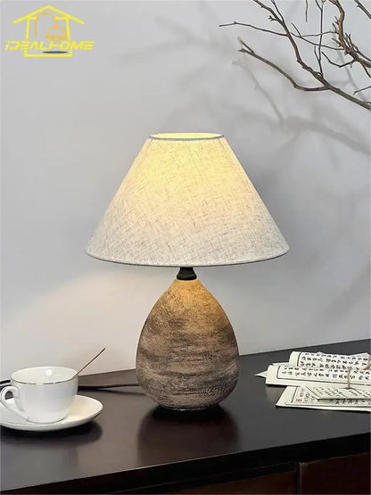 Zen earthy textured ceramic jar led table lamp for living room