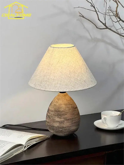 Zen earthy textured ceramic jar led table lamp for living room