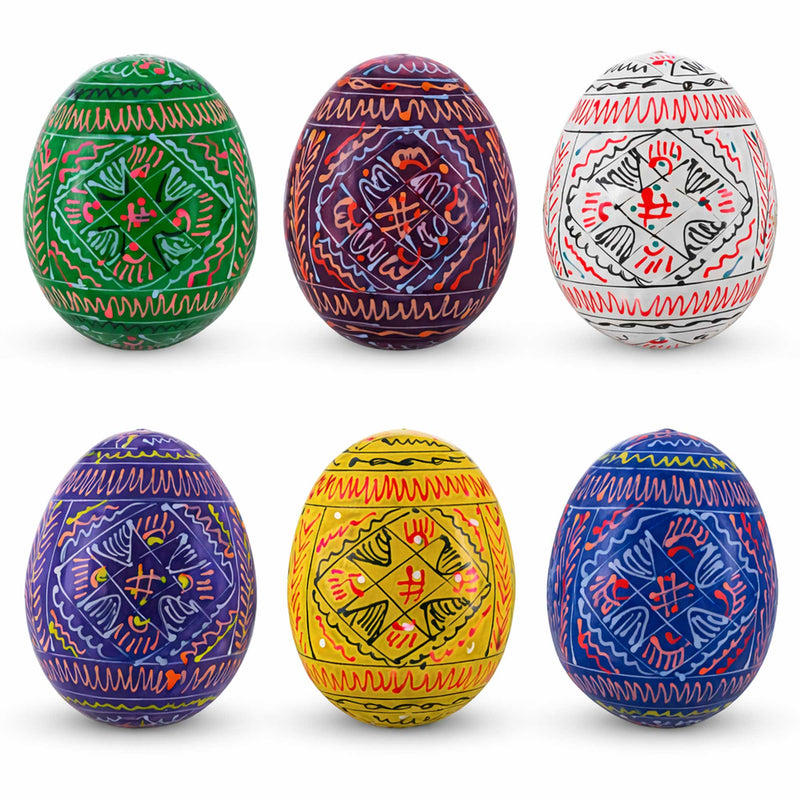 6 Hand Painted Geometric Ukrainian Wooden Easter Eggs Pysanky
