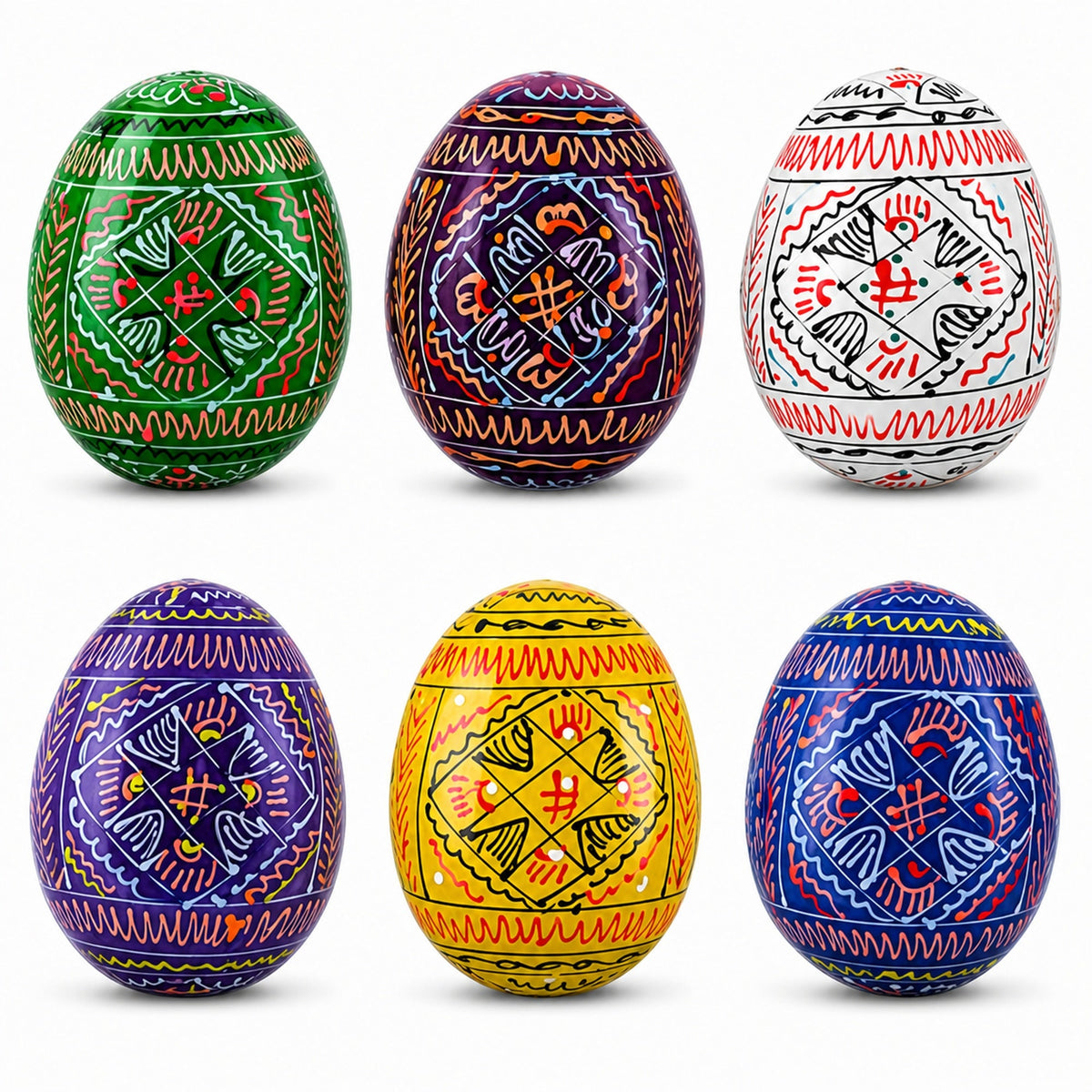 6 Hand Painted Geometric Ukrainian Wooden Easter Eggs Pysanky