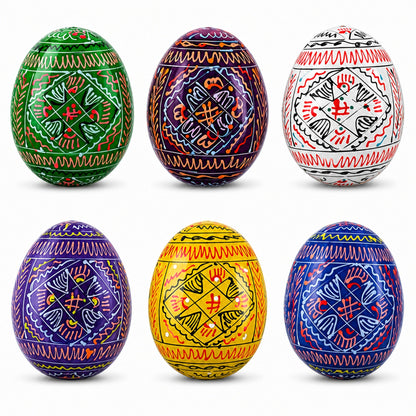 6 Hand Painted Geometric Ukrainian Wooden Easter Eggs Pysanky