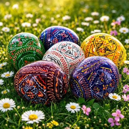 6 Hand Painted Geometric Ukrainian Wooden Easter Eggs Pysanky